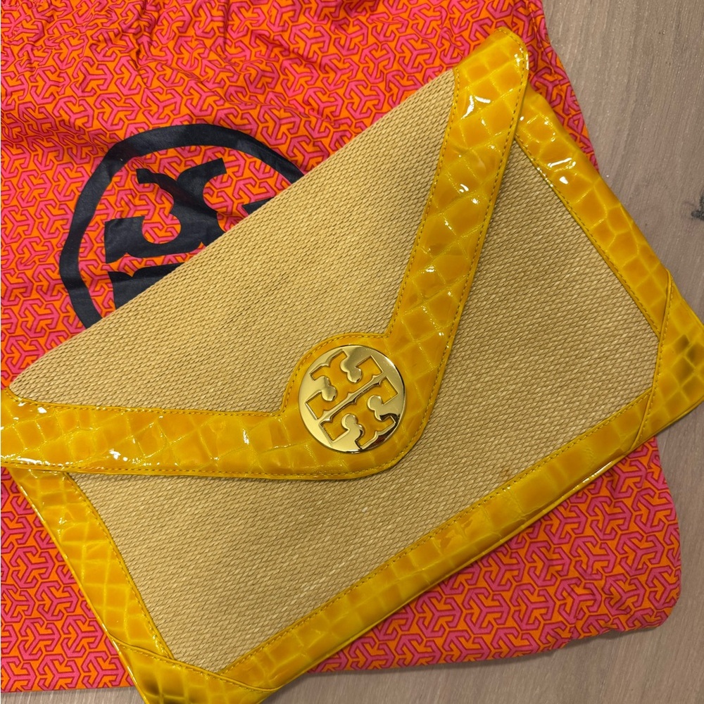 Tory Burch Yellow and Tan Fabric and Patent Leather Shoulder Bag/Clutch